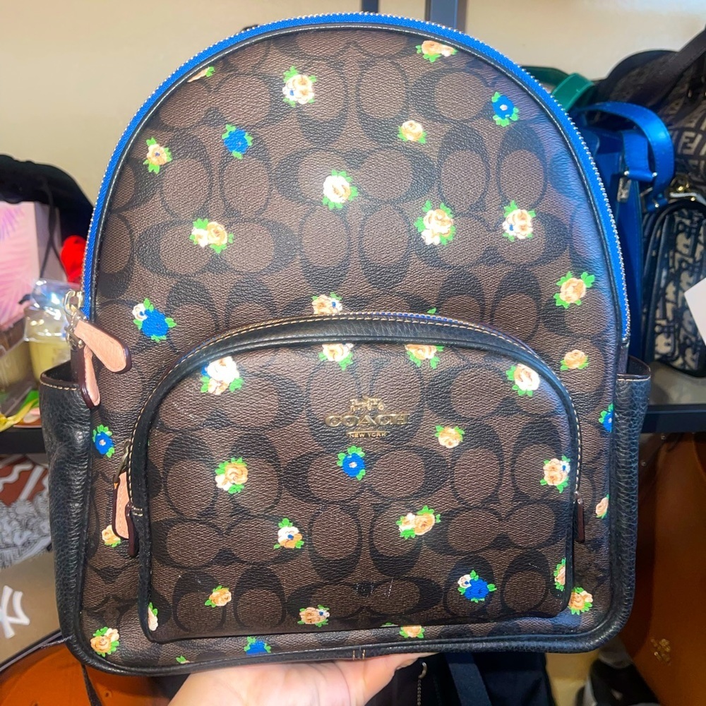 Coach Court Backpack In Signature Canvas With Vintage Mini Blue Rose Print